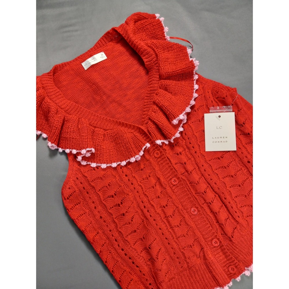 NWT Lauren Conrad Red Pointelle Knit Ruffle Collar Sweater Vest Pink Trim Medium